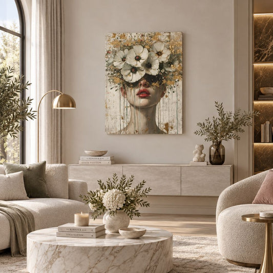Ritratto di donna con cappello elegante, occhi coperti da una corona di fiori colorati, atmosfera poetica e delicata.