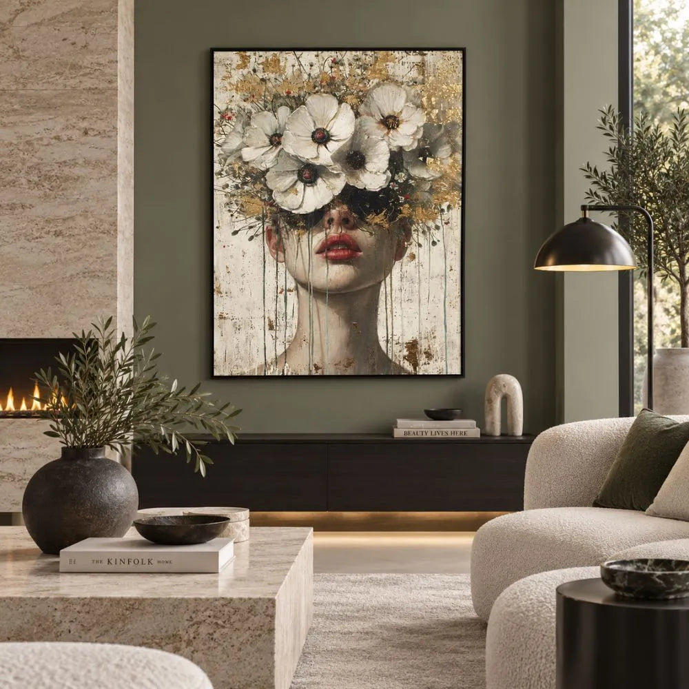Ritratto di donna con cappello elegante, occhi coperti da una corona di fiori colorati, atmosfera poetica e delicata con cornice nera