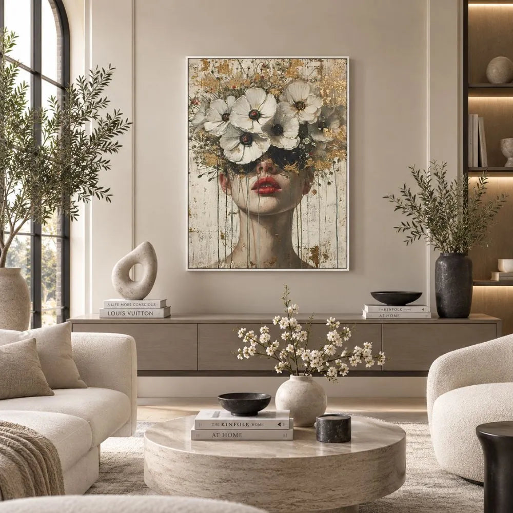 Ritratto di donna con cappello elegante, occhi coperti da una corona di fiori colorati, atmosfera poetica e delicata con cornice bianca