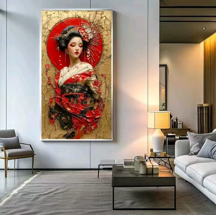 Dama d'Oriente: quadro geisha oro e rosso con texture materica e fiori di ciliegio. Quadri su tela orientali per un arredamento lussuoso e moderno.