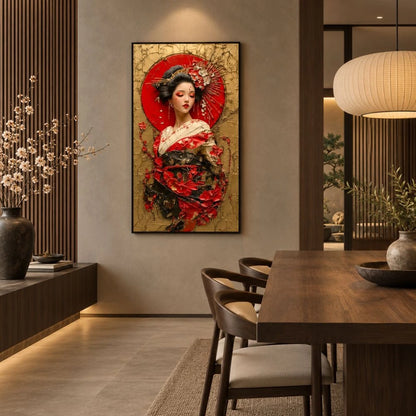 Dama d'Oriente: quadro su tela con cornice nera geisha oro e rosso con texture materica e fiori di ciliegio. Quadri su tela orientali per un arredamento lussuoso e moderno.