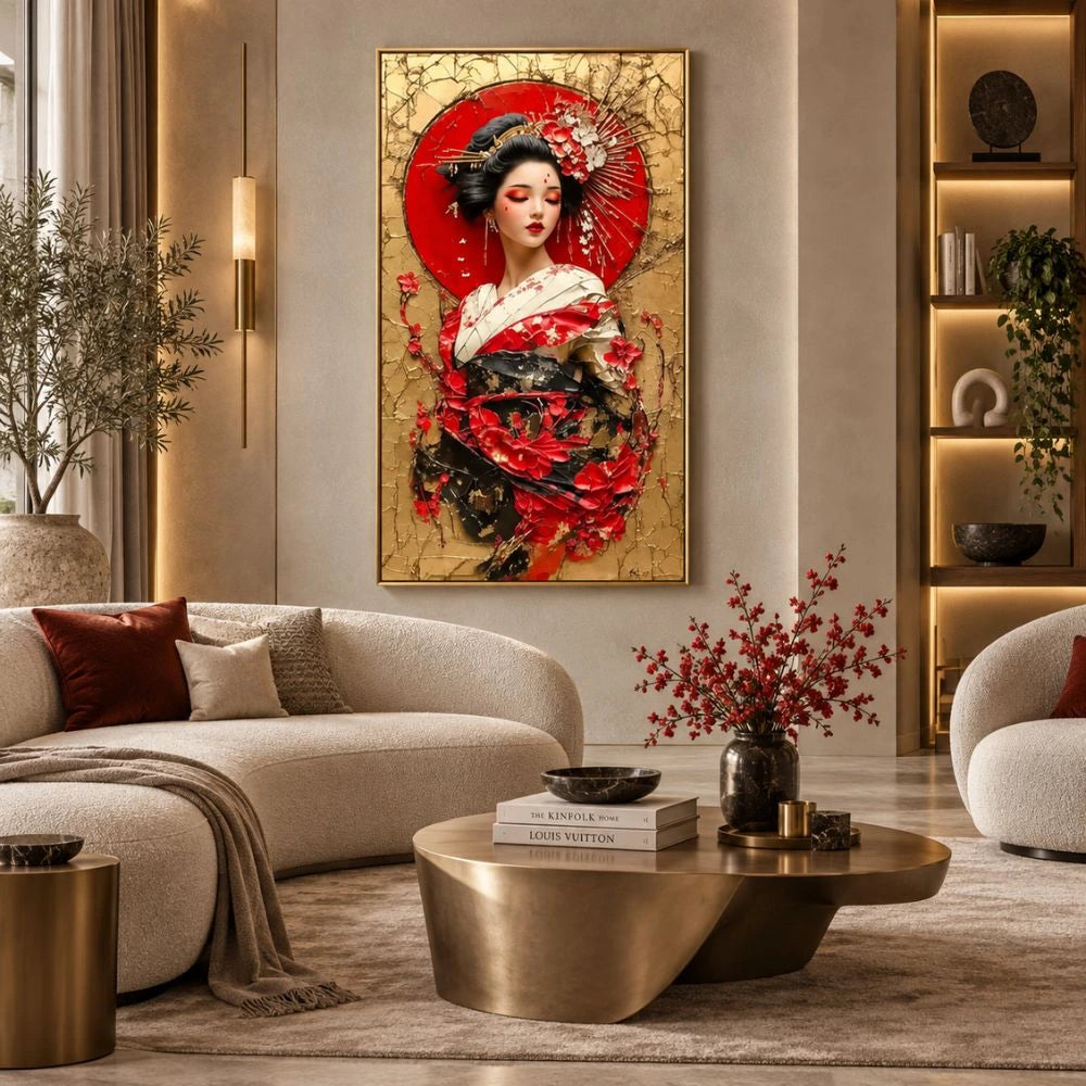 Dama d'Oriente: quadro su tela con cornice oro geisha oro e rosso con texture materica e fiori di ciliegio. Quadri su tela orientali per un arredamento lussuoso e moderno.