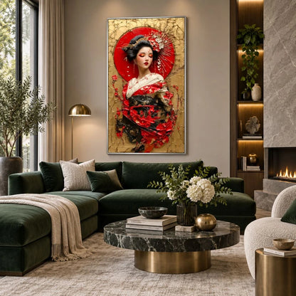 Dama d'Oriente: quadro su tela con cornice argento geisha oro e rosso con texture materica e fiori di ciliegio. Quadri su tela orientali per un arredamento lussuoso e moderno.