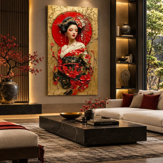 Dama d'Oriente: quadro su tela geisha oro e rosso con texture materica e fiori di ciliegio. Quadri su tela orientali per un arredamento lussuoso e moderno.