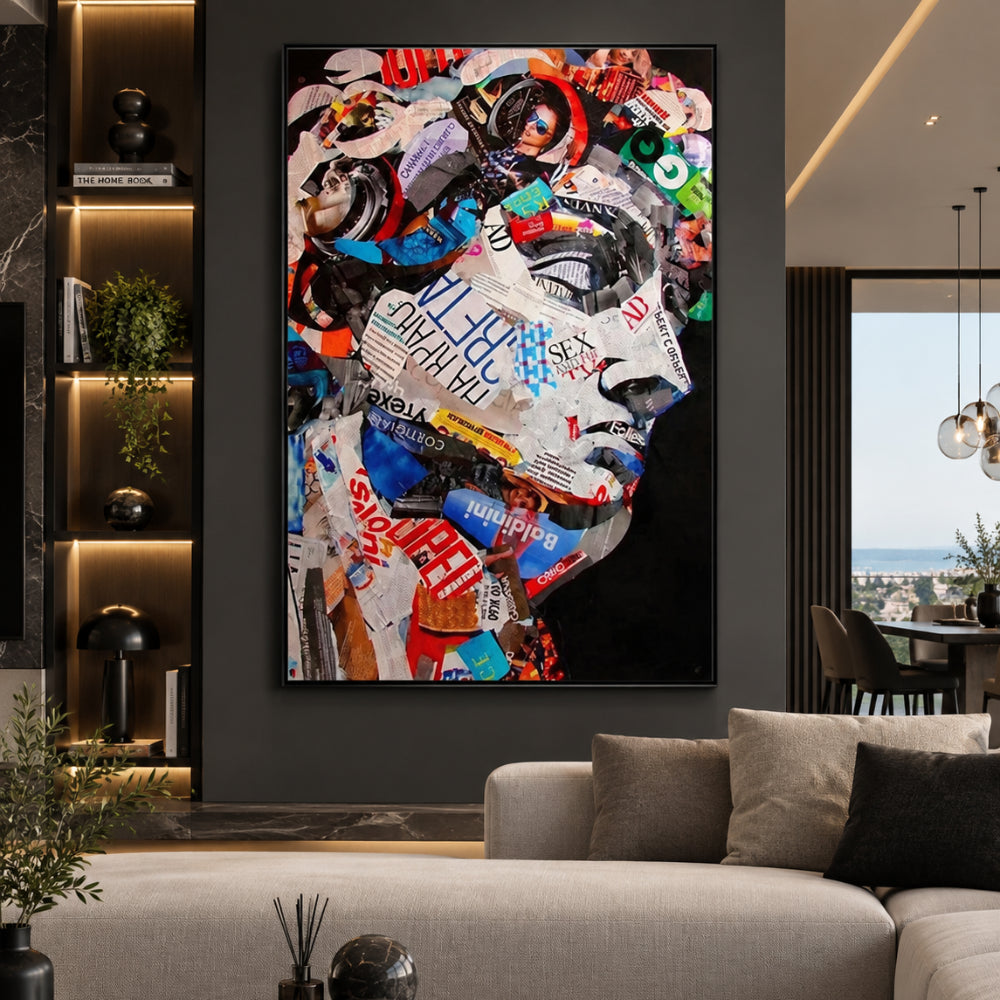Quadro David Pop Art con volto del David realizzato attraverso collage di riviste, scritte e dettagli colorati su fondo nero con cornice nera