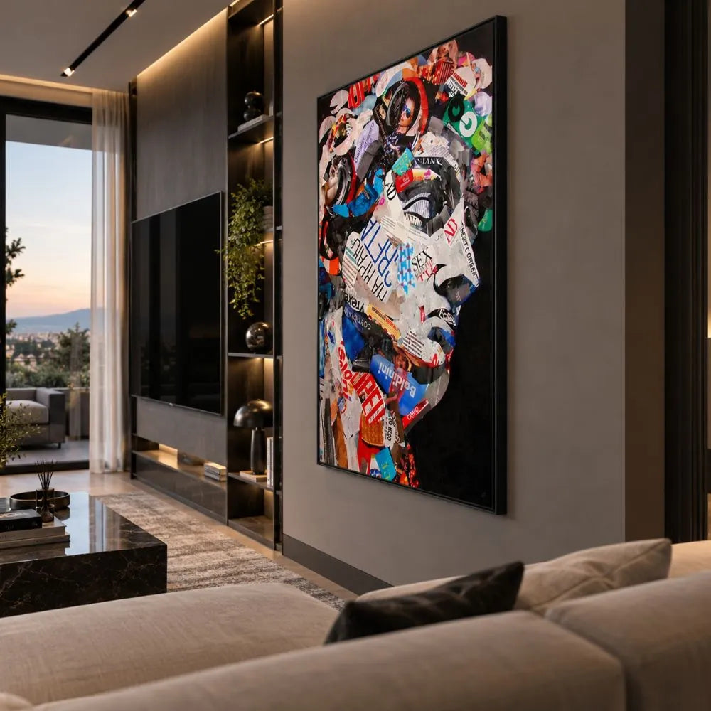 Quadro David Pop Art con volto del David realizzato attraverso collage di riviste, scritte e dettagli colorati su fondo nero con cornice nera, visione laterale