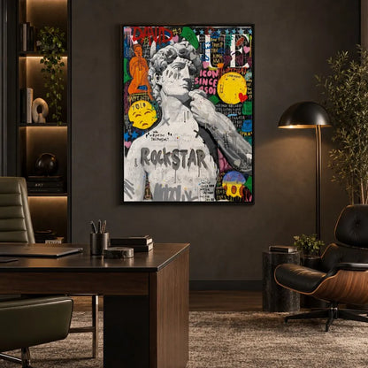 Quadro su tela con cornice nera David Funky Art in stile pop art, dai colori vivaci, perfetto per interni moderni