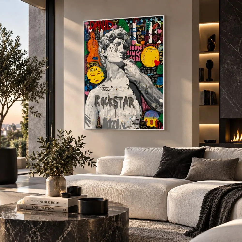 Quadro su tela con cornice bianca David Funky Art in stile pop art, dai colori vivaci, perfetto per interni moderni