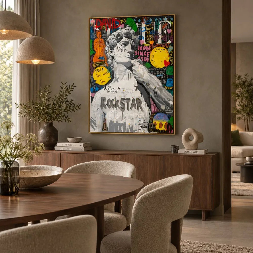 Quadro su tela con cornice oro David Funky Art in stile pop art, dai colori vivaci, perfetto per interni moderni