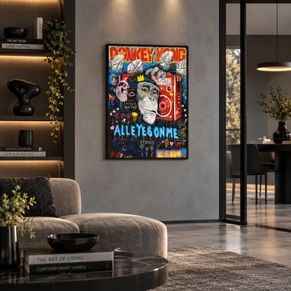 Quadro su tela con cornice nera “Donkey Kong Pop Art”: personaggio videoludico in stile pop art su tela moderna.