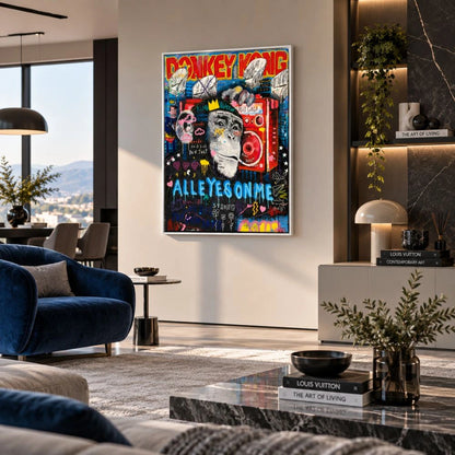 Quadro su tela con cornice bianca “Donkey Kong Pop Art”: personaggio videoludico in stile pop art su tela moderna.