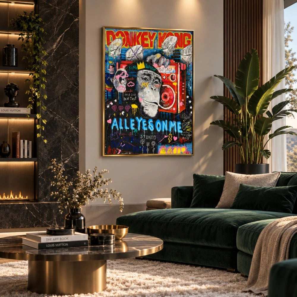 Quadro su tela con cornice oro “Donkey Kong Pop Art”: personaggio videoludico in stile pop art su tela moderna.