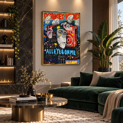 Quadro su tela con cornice oro “Donkey Kong Pop Art”: personaggio videoludico in stile pop art su tela moderna.
