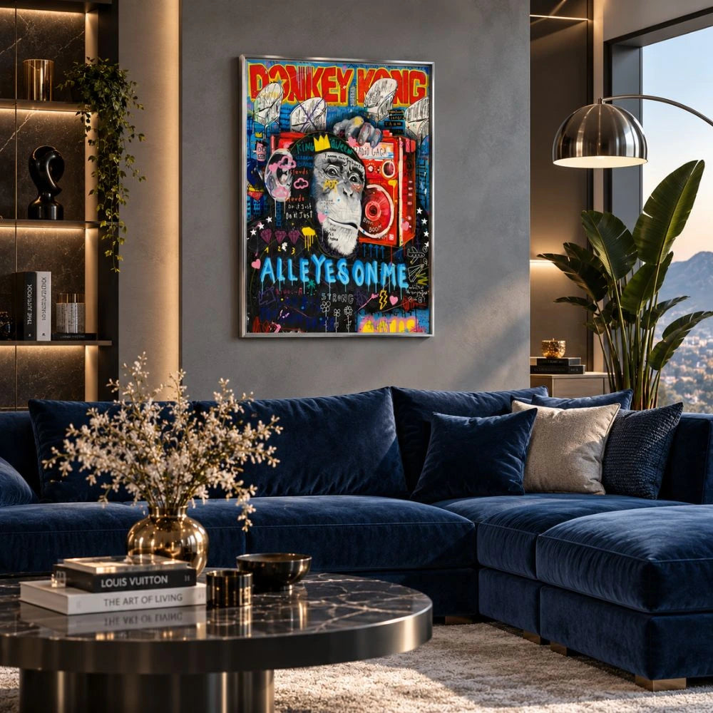 Quadro su tela con cornice argento “Donkey Kong Pop Art”: personaggio videoludico in stile pop art su tela moderna.
