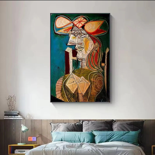Riproduzione del quadro “Donna Seduta” di Pablo Picasso: ritratto cubista dai colori intensi, con forme geometriche e stile astratto inconfondibile.