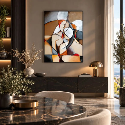 Donna Sognante di Pablo Picasso è un quadro su tela con cornice nera di una figura femminile astratta e forme geometriche, quadro d’arte per soggiorno elegante