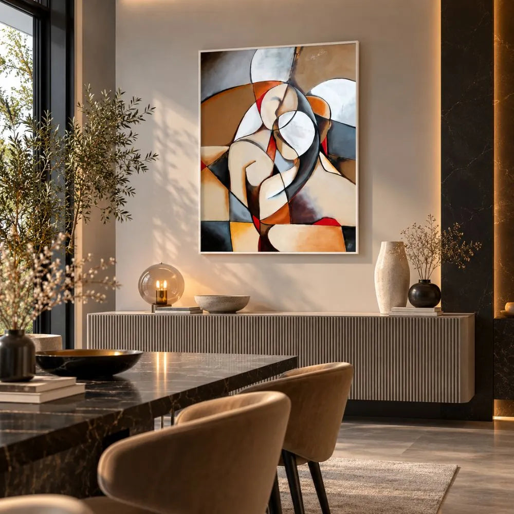 Donna Sognante di Pablo Picasso è un quadro su tela con cornice bianca di una figura femminile astratta e forme geometriche, quadro d’arte per soggiorno elegante