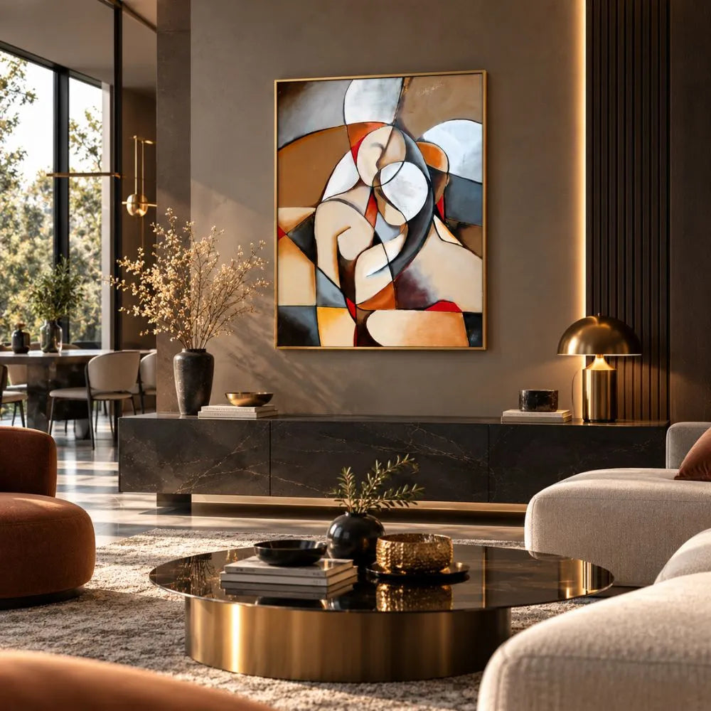 Donna Sognante di Pablo Picasso è un quadro su tela con cornice oro di una figura femminile astratta e forme geometriche, quadro d’arte per soggiorno elegante