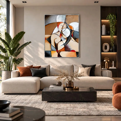 Donna Sognante di Pablo Picasso è un quadro su tela con cornice argento di una figura femminile astratta e forme geometriche, quadro d’arte per soggiorno elegante