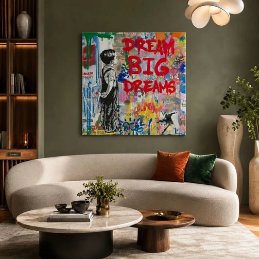 quadro dream big piccolo sognatore stampa su tela street art bambino graffiti colorati arredamento moderno