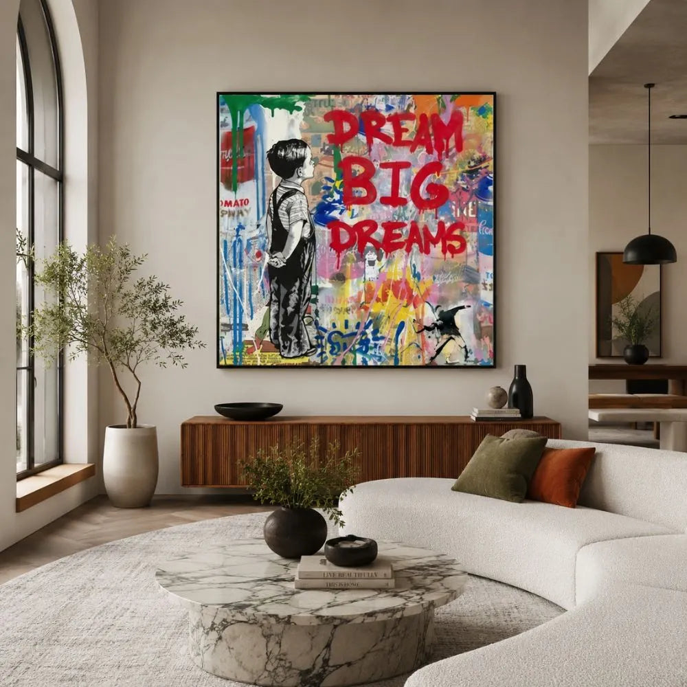 quadro dream big piccolo sognatore stampa su tela street art bambino graffiti colorati arredamento moderno