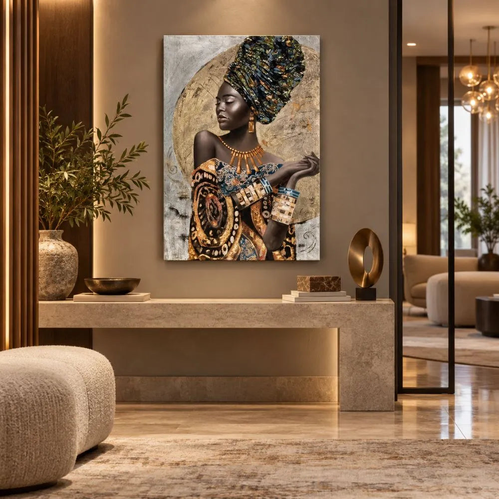 Eleganza Africana quadro moderno su tela con donna africana in abiti tradizionali e dettagli dorati, ideale per soggiorno elegante