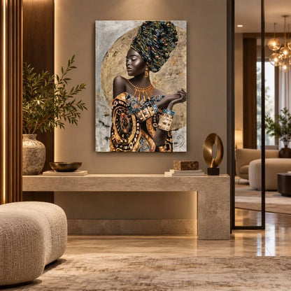 Eleganza Africana quadro moderno su tela con donna africana in abiti tradizionali e dettagli dorati, ideale per soggiorno elegante