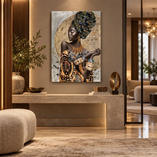 Eleganza Africana quadro moderno su tela con donna africana in abiti tradizionali e dettagli dorati, ideale per soggiorno elegante