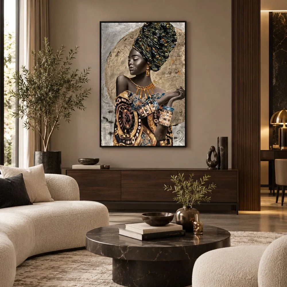 Eleganza Africana quadro moderno su tela con cornice nera di una donna africana in abiti tradizionali e dettagli dorati, ideale per soggiorno elegante