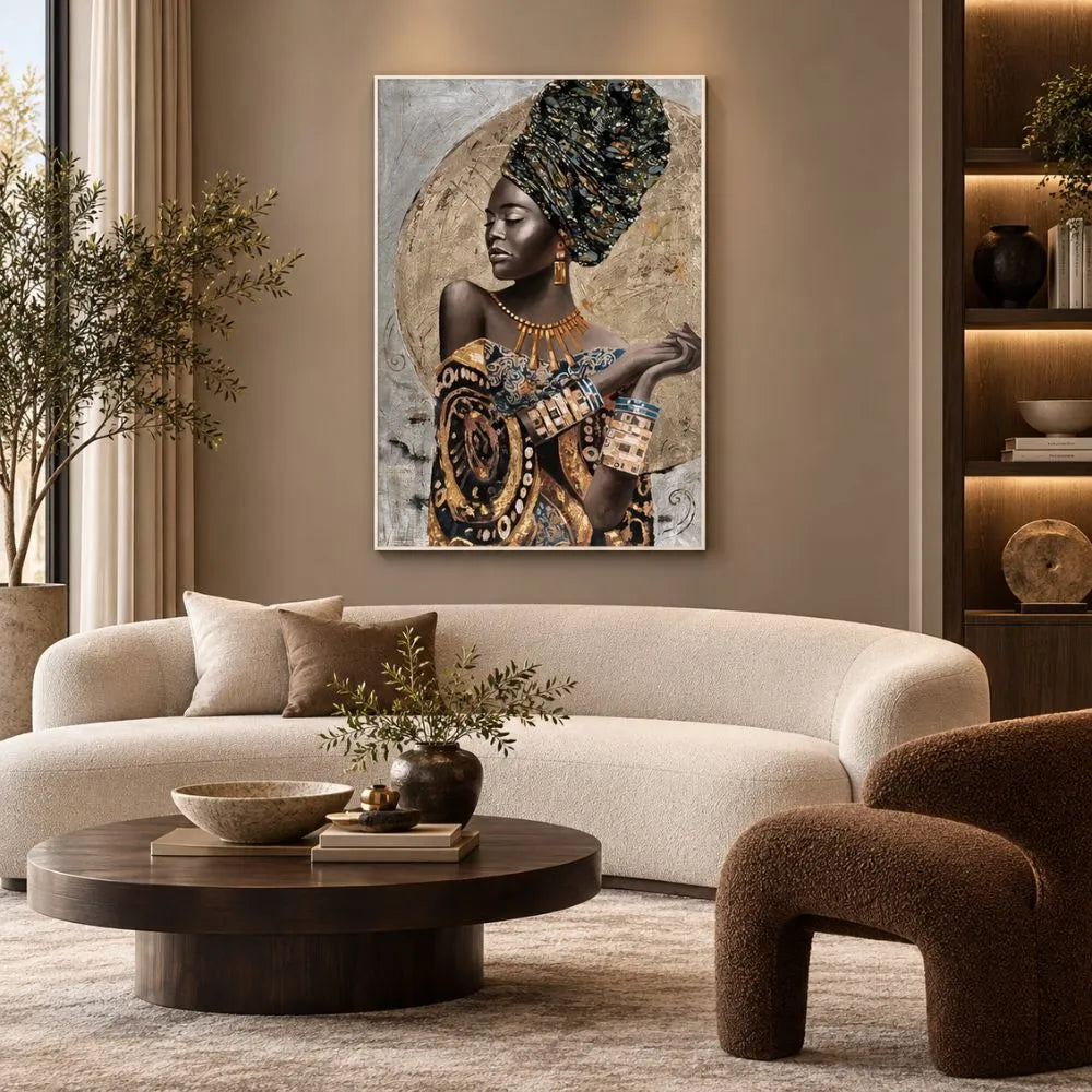 Eleganza Africana quadro moderno su tela con cornice bianca di una donna africana in abiti tradizionali e dettagli dorati, ideale per soggiorno elegante