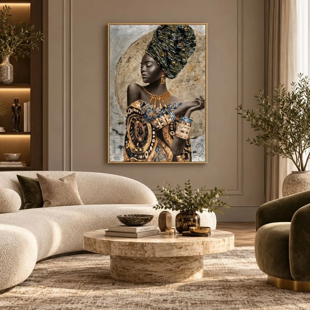 Eleganza Africana quadro moderno su tela con cornice oro di una donna africana in abiti tradizionali e dettagli dorati, ideale per soggiorno elegante