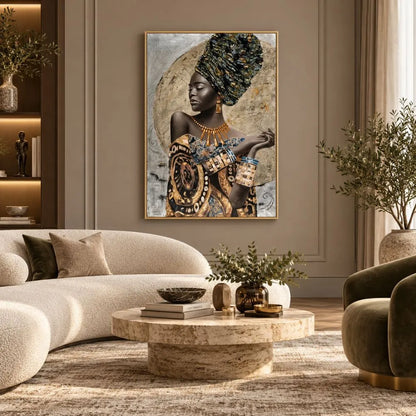 Eleganza Africana quadro moderno su tela con cornice oro di una donna africana in abiti tradizionali e dettagli dorati, ideale per soggiorno elegante