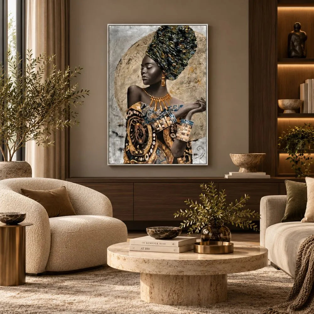 Eleganza Africana quadro moderno su tela con cornice argento di una donna africana in abiti tradizionali e dettagli dorati, ideale per soggiorno elegante