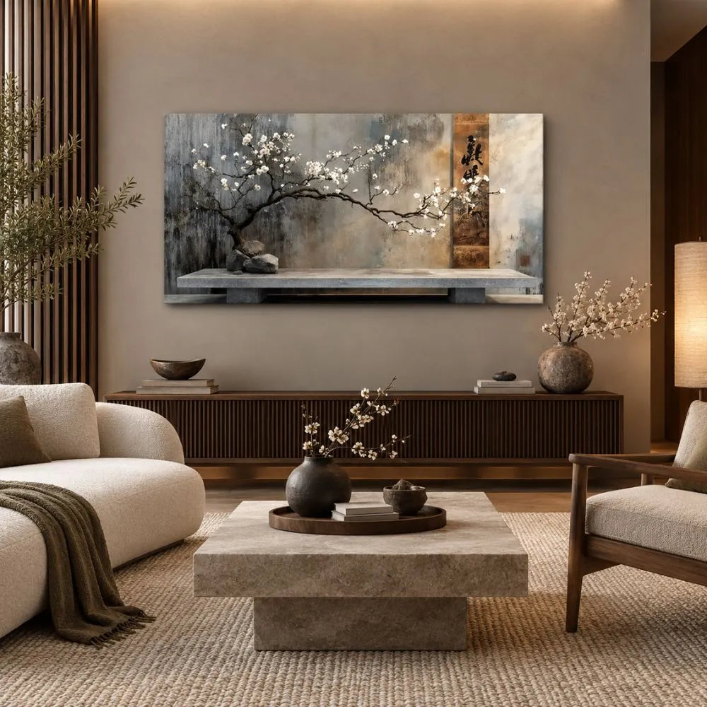 Equilibrio zen quadro su tela minimal giapponese ramo fiorito arredamento rilassante soggiorno moderno