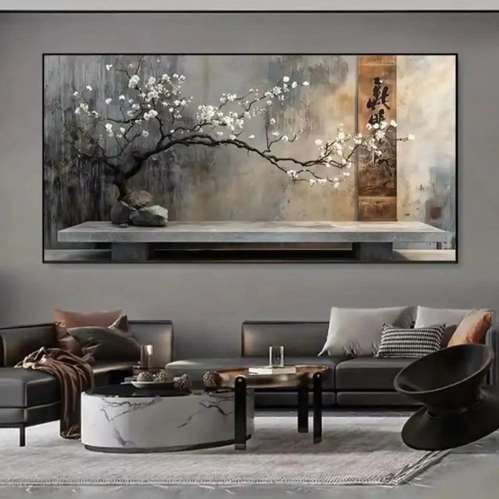 Equilibrio zen quadro su tela con cornice nera minimal giapponese ramo fiorito arredamento rilassante soggiorno moderno