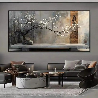 Equilibrio zen quadro su tela con cornice nera minimal giapponese ramo fiorito arredamento rilassante soggiorno moderno