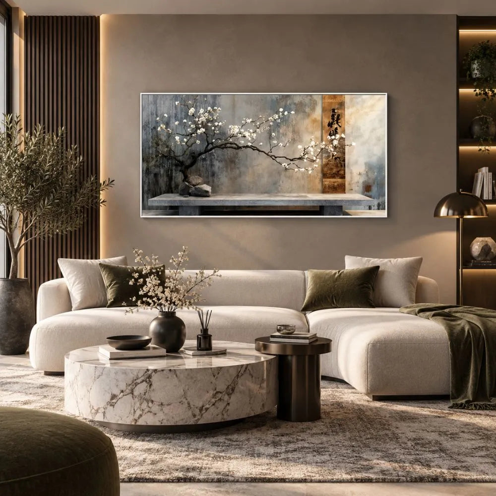 Equilibrio zen quadro su tela con cornice bianca minimal giapponese ramo fiorito arredamento rilassante soggiorno moderno