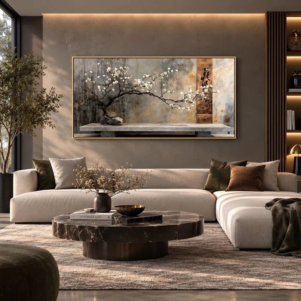 Equilibrio zen quadro su tela con cornice oro minimal giapponese ramo fiorito arredamento rilassante soggiorno moderno