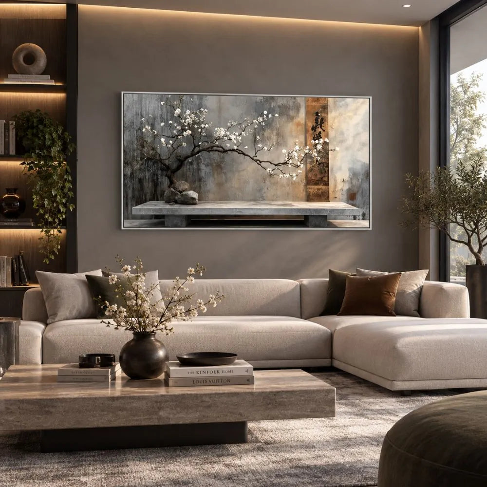 Equilibrio zen quadro su tela con cornice argento minimal giapponese ramo fiorito arredamento rilassante soggiorno moderno