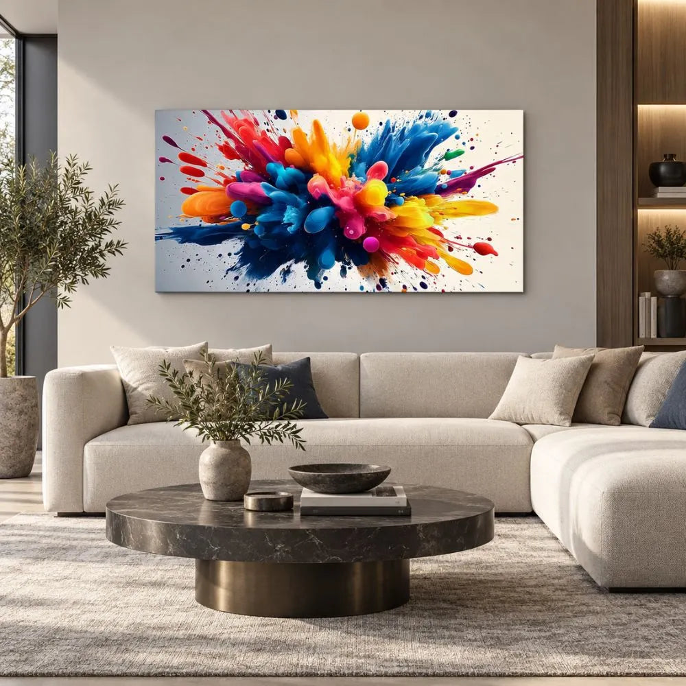 Quadro Esplosione di Colore: quadro su tela astratto vivace con tonalità intense (blu, rosso, giallo). Stampa su tela arte moderna colorata per un arredo dinamico.