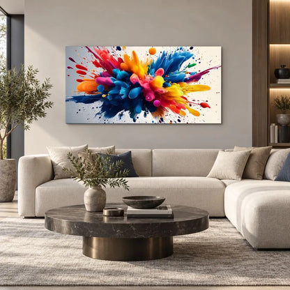 Quadro Esplosione di Colore: quadro su tela astratto vivace con tonalità intense (blu, rosso, giallo). Stampa su tela arte moderna colorata per un arredo dinamico.