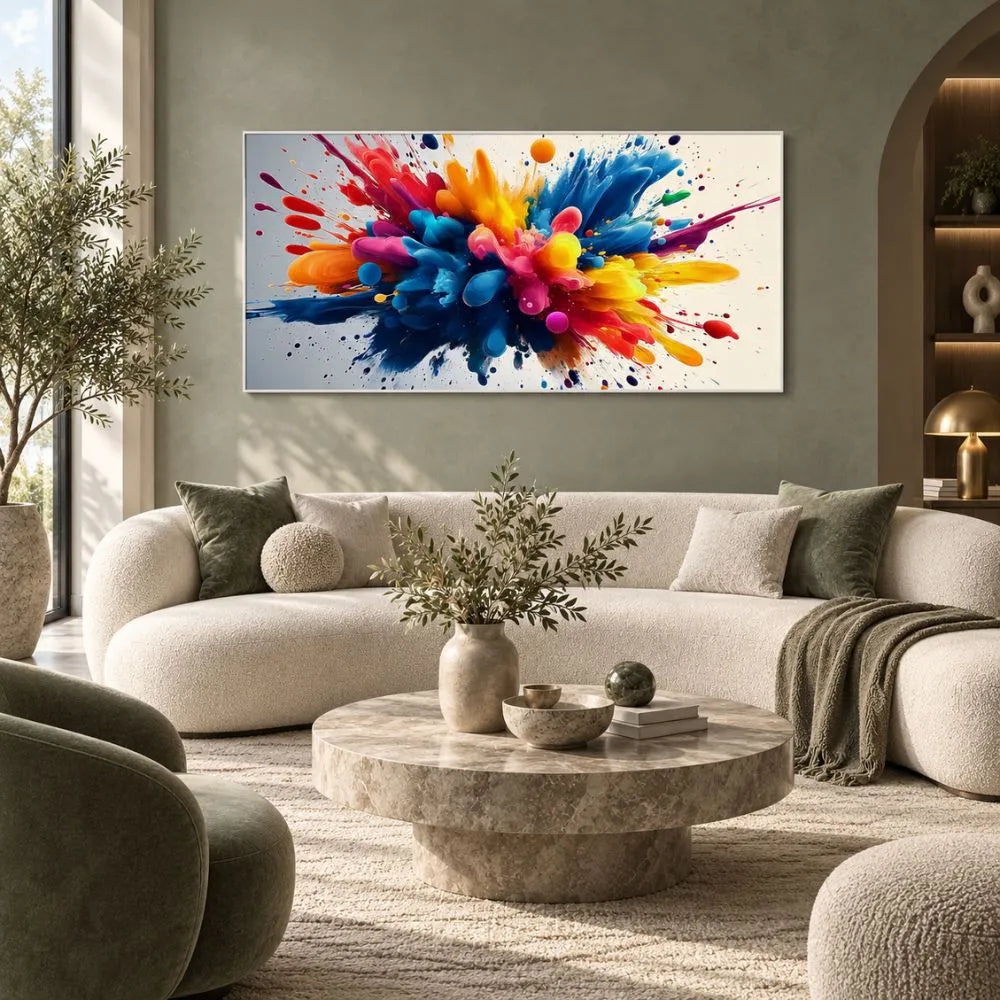 Quadro Esplosione di Colore: quadro su tela con cornice bianca astratto vivace con tonalità intense (blu, rosso, giallo). Stampa su tela arte moderna colorata per un arredo dinamico.