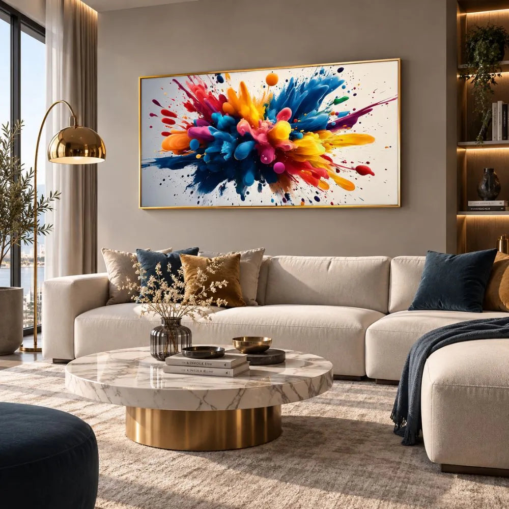 Quadro Esplosione di Colore: quadro su tela con cornice oro astratto vivace con tonalità intense (blu, rosso, giallo). Stampa su tela arte moderna colorata per un arredo dinamico.