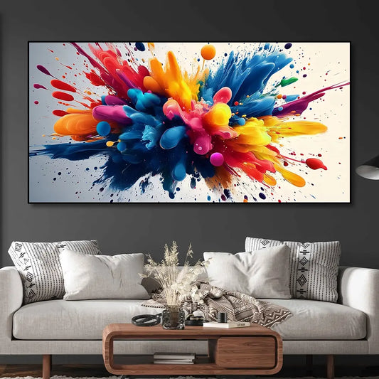 Quadro Esplosione di Colore: quadro astratto vivace con tonalità intense (blu, rosso, giallo). Stampa su tela arte moderna colorata per un arredo dinamico.