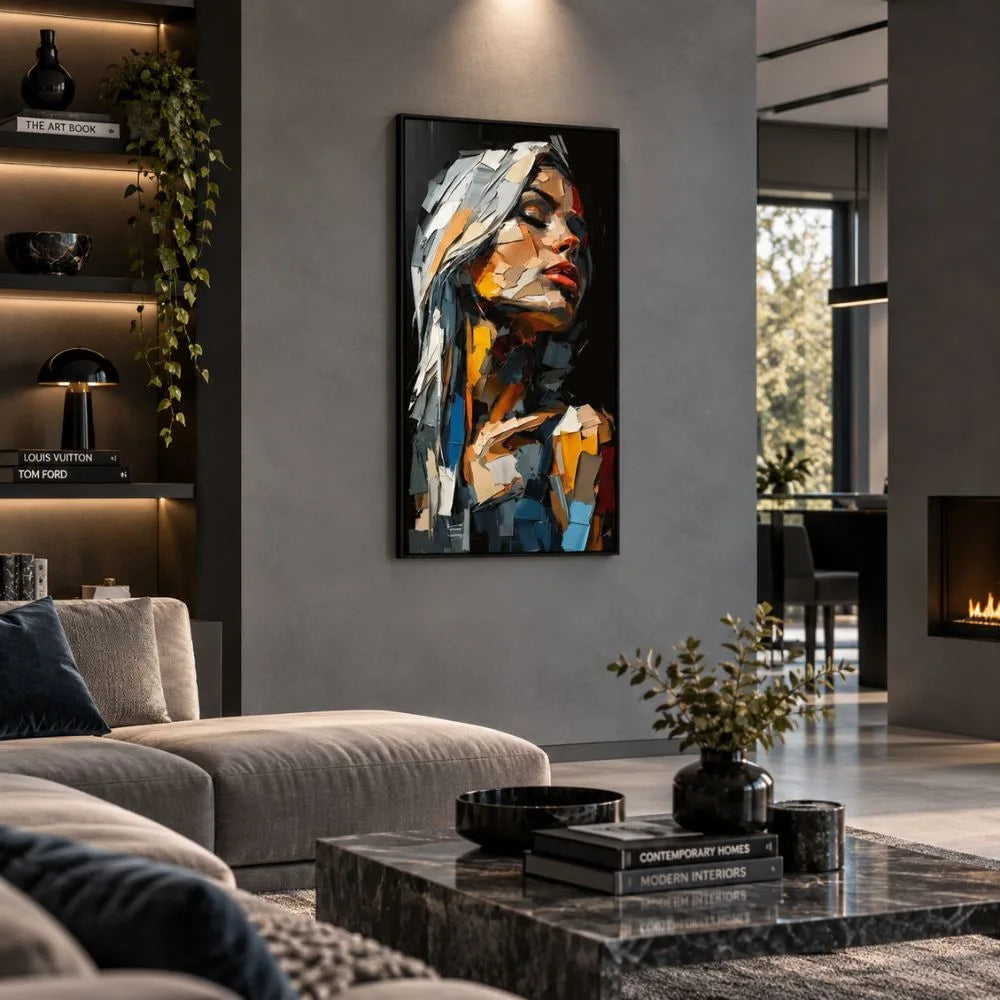 Quadro su tela con cornice nera astratto con corpo e volto femminile, riflessi di colori vivaci e atmosfera artistica moderna.