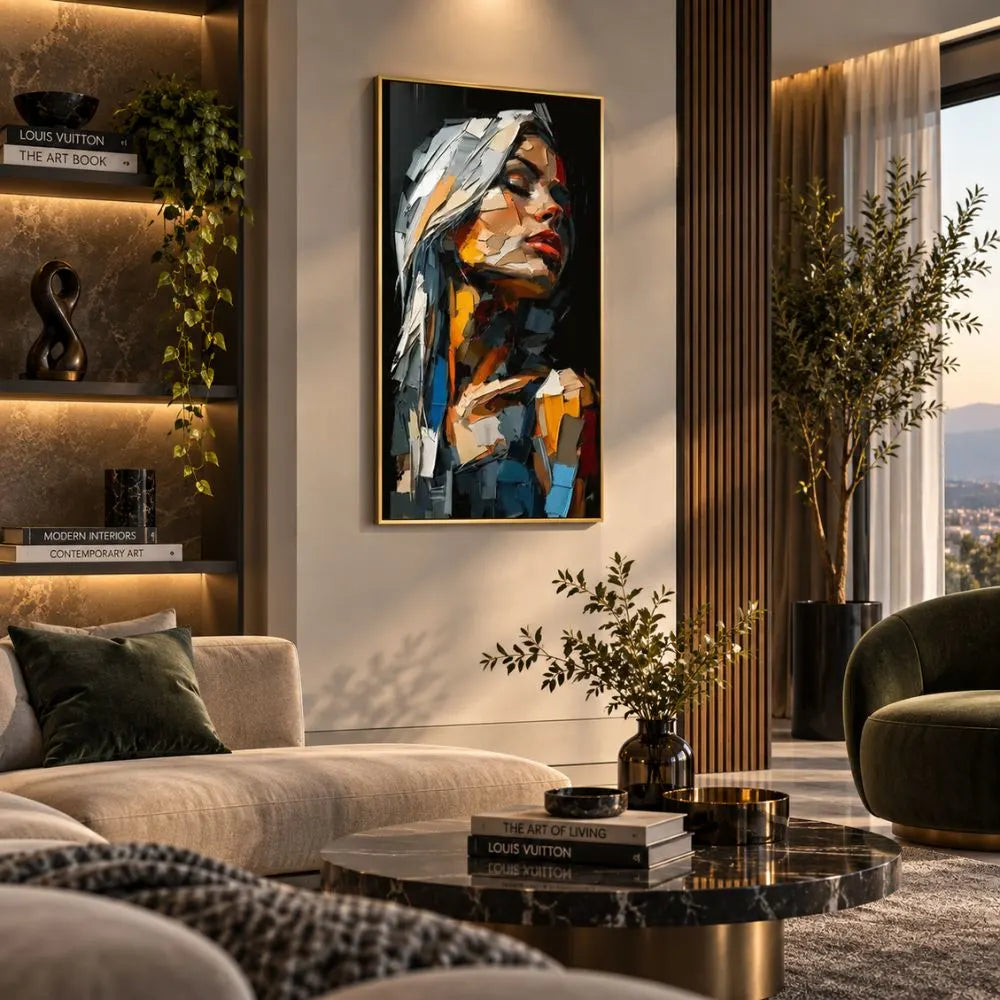 Quadro su tela con cornice oro astratto con corpo e volto femminile, riflessi di colori vivaci e atmosfera artistica moderna.