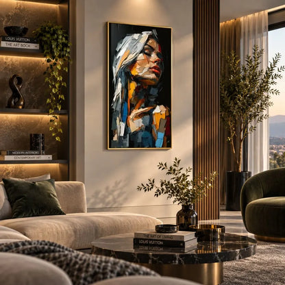 Quadro su tela con cornice oro astratto con corpo e volto femminile, riflessi di colori vivaci e atmosfera artistica moderna.