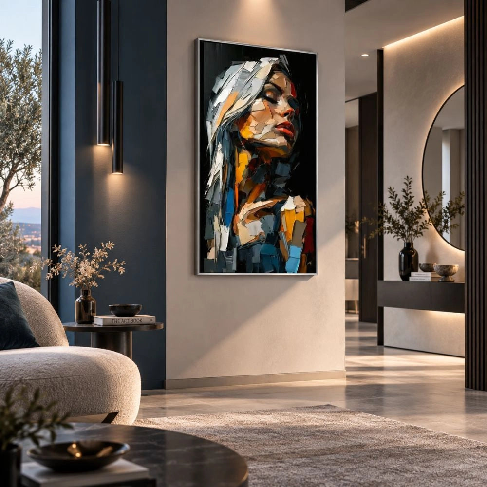Quadro su tela con cornice argento astratto con corpo e volto femminile, riflessi di colori vivaci e atmosfera artistica moderna.