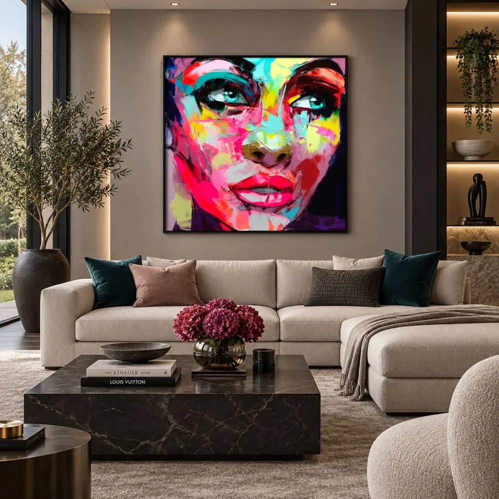 Quadro astratto Essenza di Colori con cornice nera minimal di un volto femminile e linee fluide e toni vivaci, ideale per arredamenti moderni e spazi creativi.