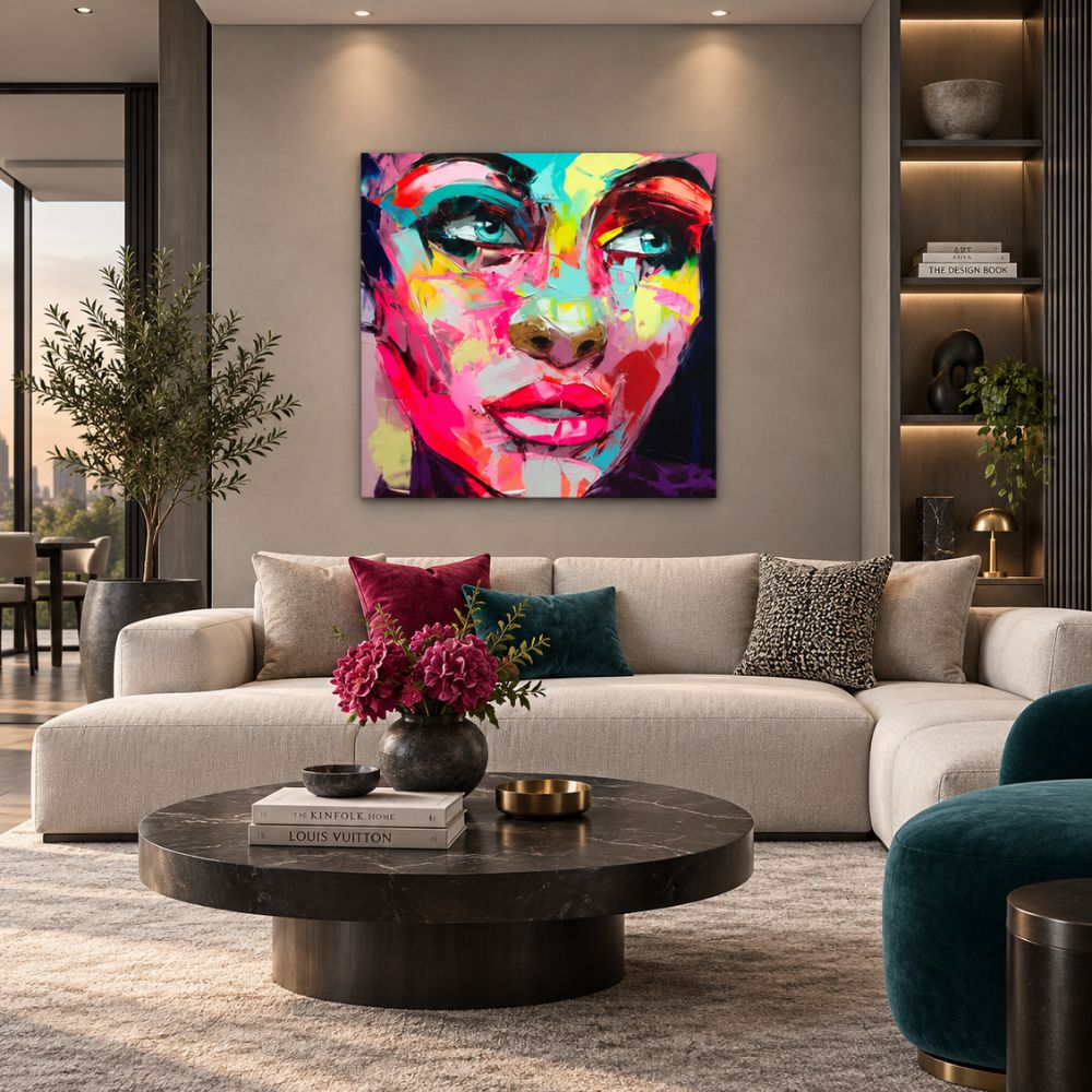 Quadro astratto Essenza di Colori con volto femminile e linee fluide e toni vivaci, ideale per arredamenti moderni e spazi creativi.